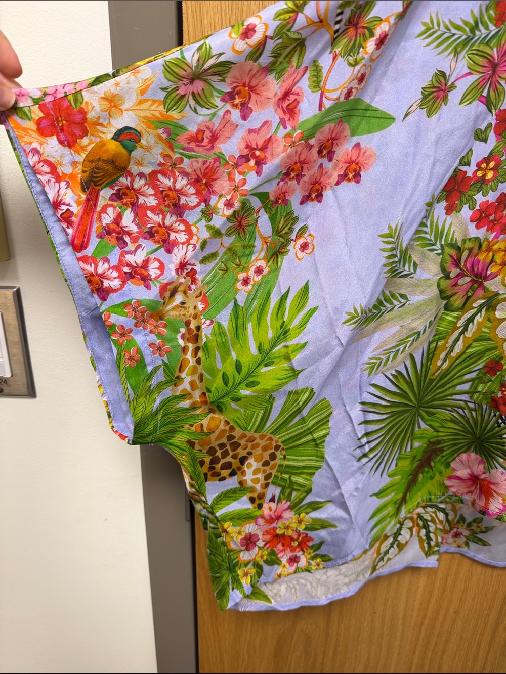 NWT Johnny Was 100% Silk Lavender Tropical Shirt with Leopard Trim - Picture 11 of 11